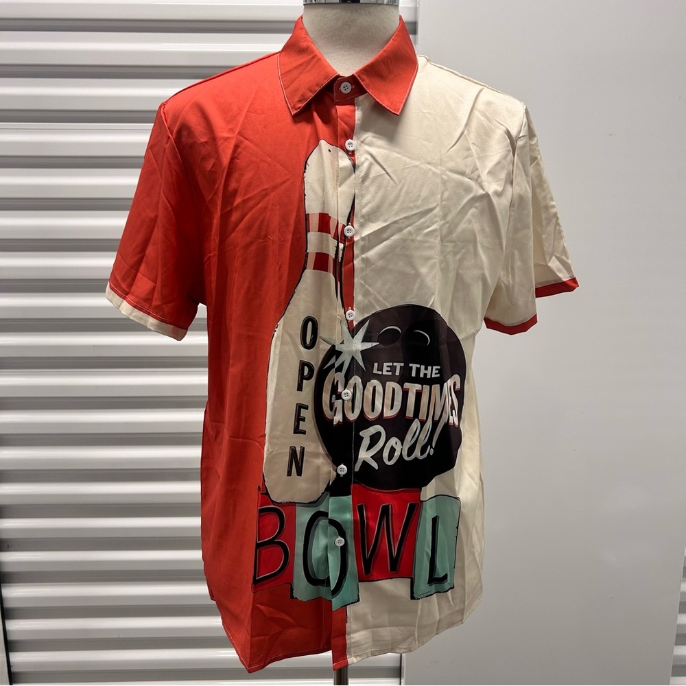 Men's Bowling Graphic Shirt - Red and Cream